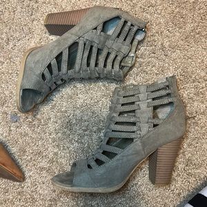 Dark green fabric open toe G by Guess heels